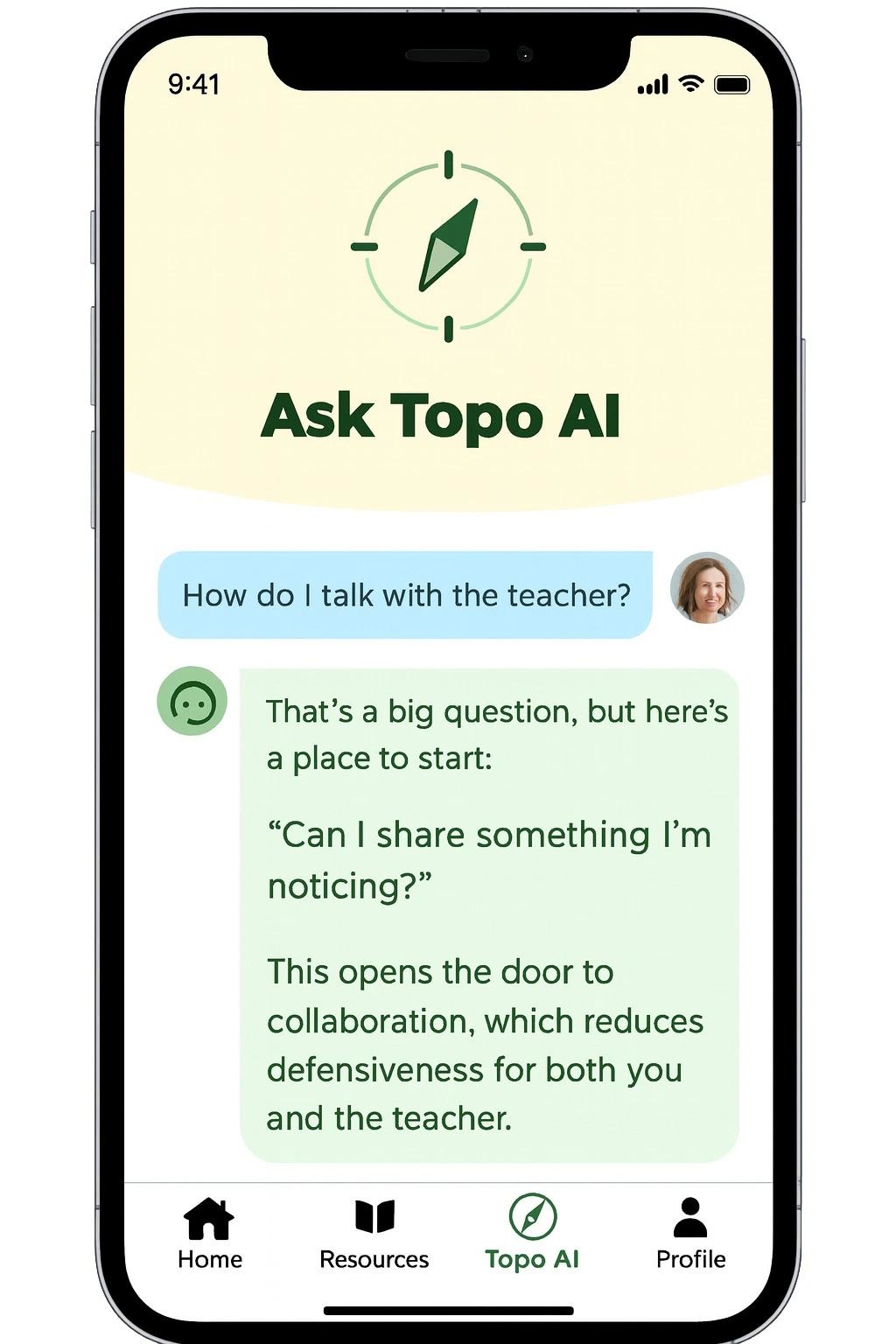 Topo AI mobile interface showing chat conversation and helpful parenting prompts